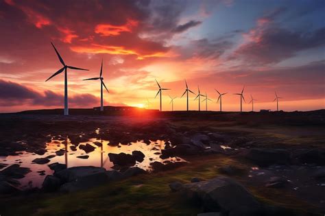 Premium Ai Image Sunset Over Wind Turbine Farm