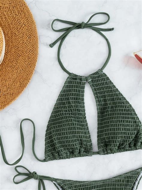 Дамски бански Smocked Halter Tie Side Bikini Swimsuit EMMA