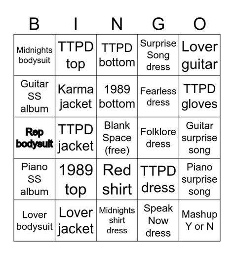 Eras Tour Bingo Card