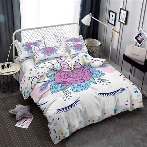 Housse De Couette 220X240cm Licorne Et Belles Fleurs Avec 2 Taies D