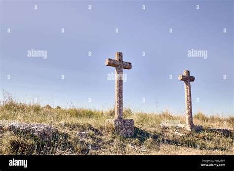 View Of Two Crosses Carved In Stone In The Countryside Stock Photo Alamy