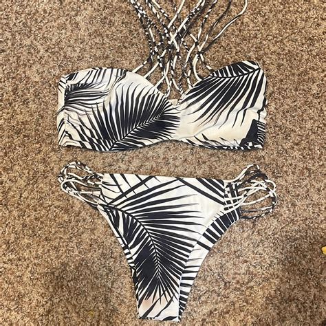 Mikoh Black And White Palm Bikini Large Top Xl Bott Gem