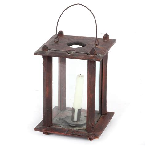 Lot Antique Early American Wooden Candle Lantern With Glass On Four