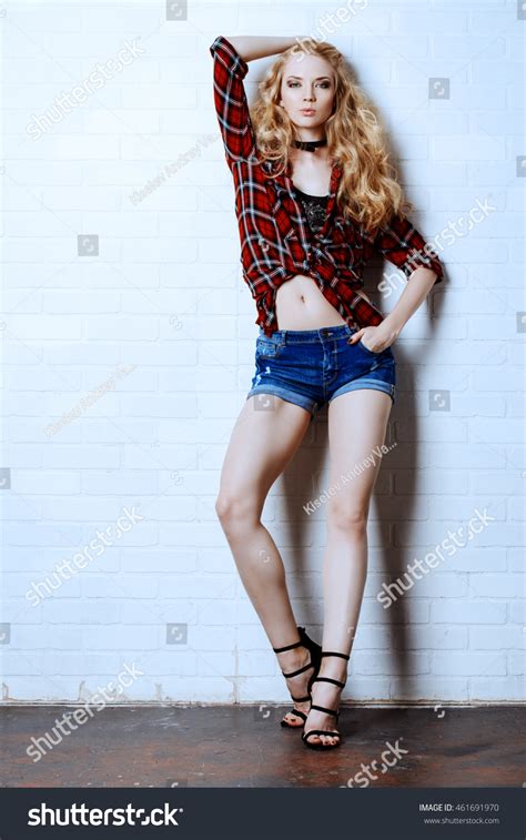 Sexual Blonde Girl Jeans Shorts Checkered Stock Photo Shutterstock