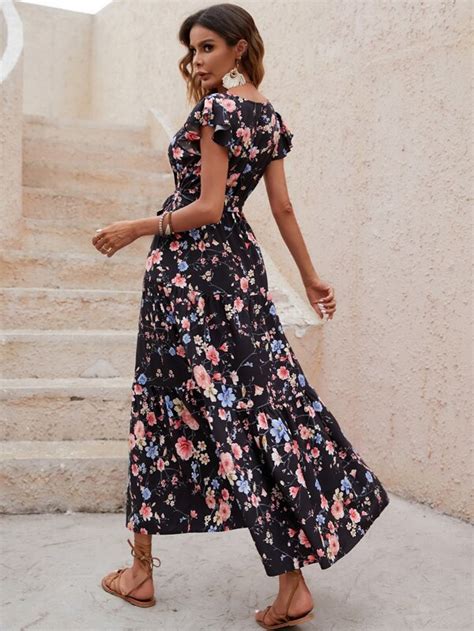 Shein Vcay Kleid Mit Gürtel Blume Muster Schmetterlingsärmeln