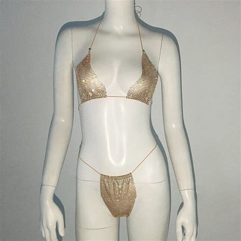 Fishnet Glitter Rhinestone Bikini Set Women Mesh Beach Sexy Thong Rave Party Ebay