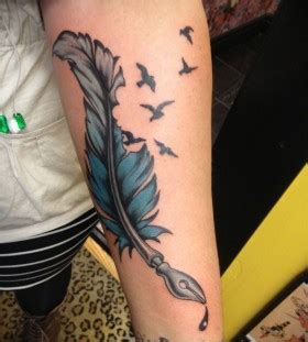 Feather Pen And Birds Tattoo