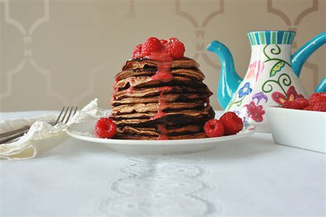 Banana Maca Pancakes With Raspberry Maple Syrup Justinecelina