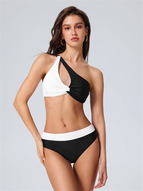 Two Tone One Shoulder Bikini Swimsuit For Vacation Beach