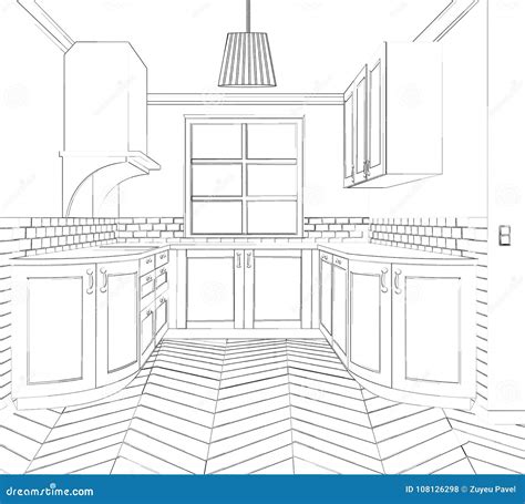 Sketch Cuisine Plan Kitchen Illustration Contemporary Kitchen Sketch