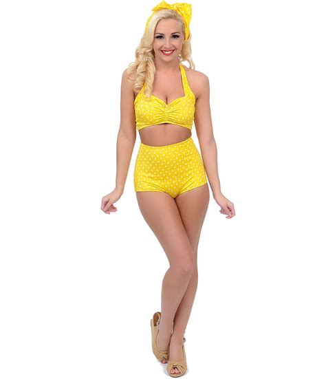 Yellow White Polka Dot Retro Pin Up High Waist Bikini Two