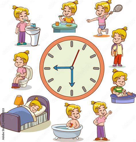 Daily Routine With Simple Clocks Vector Set With Kid Funny Cartoon