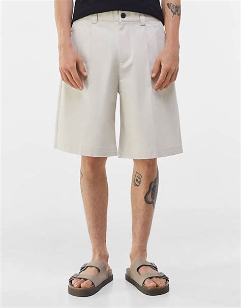 Bershka Pleated Wide Leg Shorts In Beige Asos