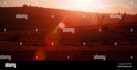 The evening electricity pylon silhouette Stock Photo - Alamy