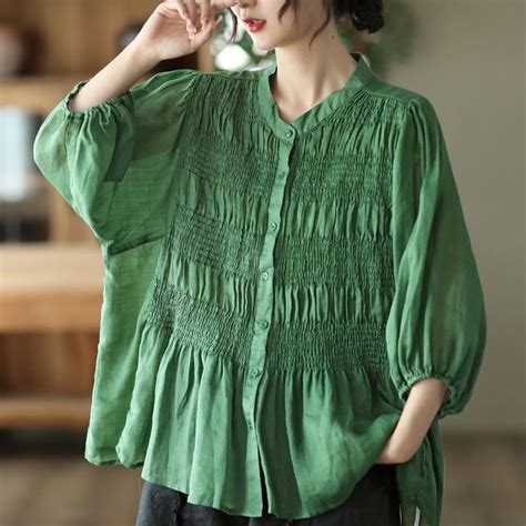 Mumame Puff Sleeve Round Neck Plain Blouse Yesstyle