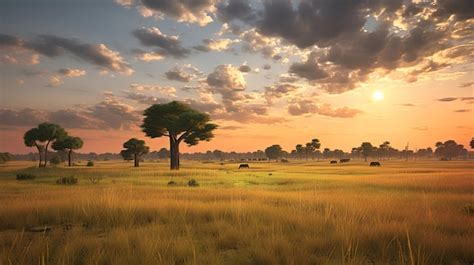 Premium AI Image | Landscape photography of savanna at sunset