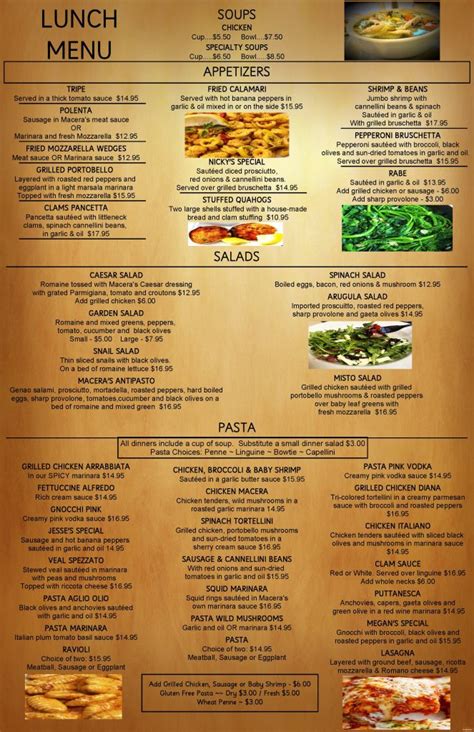 Macera's Italian Restaurant Cranston, RI | Lunch Menus