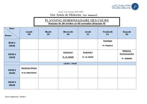 Planning Hebdomadaire Des Cours Semaine Du Octobre Au Novembre