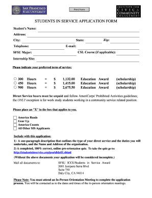 Fillable Online Sfsu STUDENTS IN SERVICE APPLICATION FORM Sfsu Fax