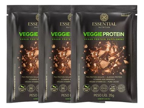 Kit 3x Veggie Protein Cacao Sachê Essential Nutrition 35g Frete grátis