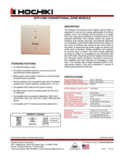 HOCHIKI DCP CZM Conventional Zone Module Instruction Manual