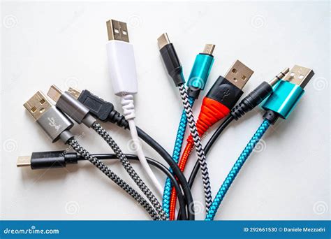 Usb And Smartphone Cables And Connectors Of Various Types And Colours