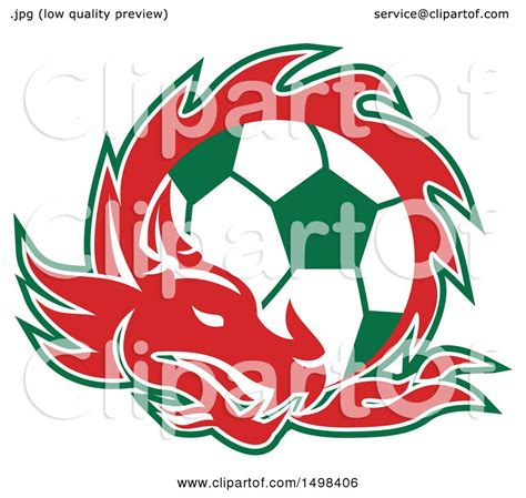 Clipart Of A Red Welsh Dragon Around A Green And White Soccer Ball