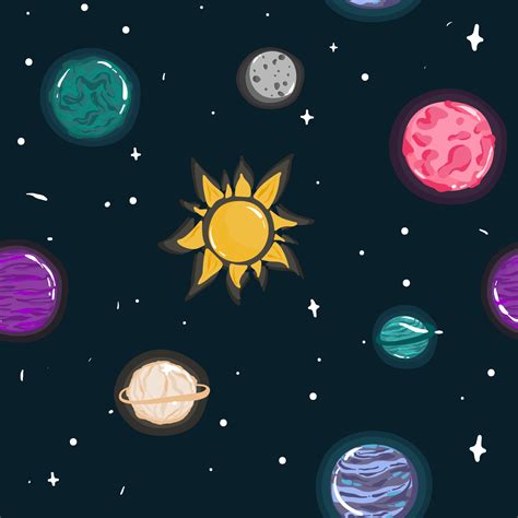 Space Seamless Pattern with Planets and Stars. Doodle Cartoon Cute ...