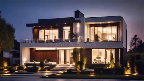 Luxury Modern House Exterior Illuminated by Elegant Lighting and Garden at Night. Modern House ...