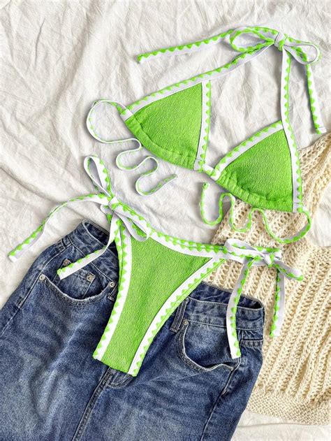 Womens Blue Triangle Bikini With White Wavy Trim On Luulla