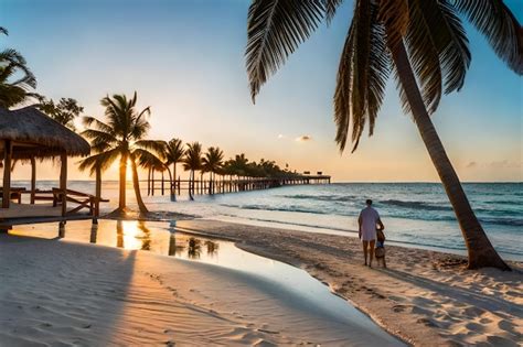 Premium AI Image A Man Walks Along A Beach With Palm Trees In The