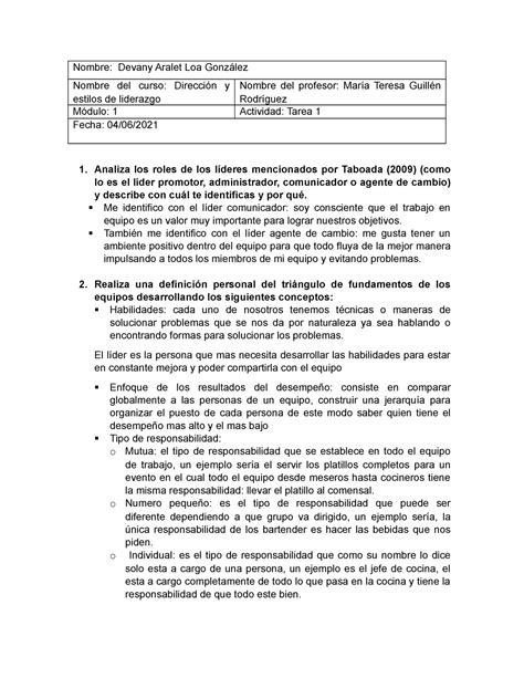 Actividad 1 Direccion Y Estilo De Liderazgo Nombre Devany Aralet Loa