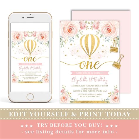 Blush Gold Floral Hot Air Balloon St Birthday Editable Etsy
