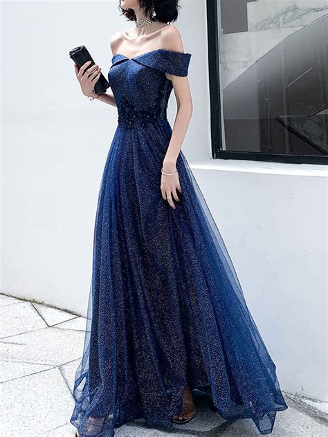 Dark Blue Tulle Long Prom Dress A Line Tulle Off Shoulder Blue Weddin Shopluu