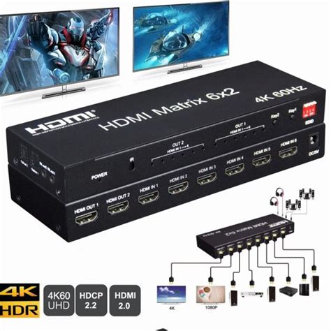 Matrix Switch HDMI 6x2 4K 60Hz HDMI Matrix Switch Splitter 6 In 2 Out