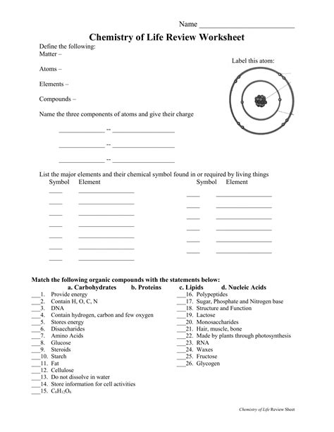 The Chemistry Of Life Worksheet Answers Ivuyteq