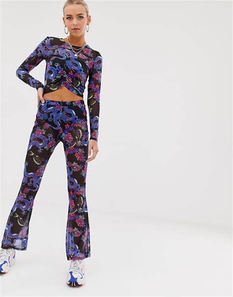 Asos Design Co Ord Flare Trouser In Dragon Print Mesh Asos