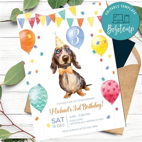 Dachshund Birthday Invitation Customizable Template Diy Bobotemp