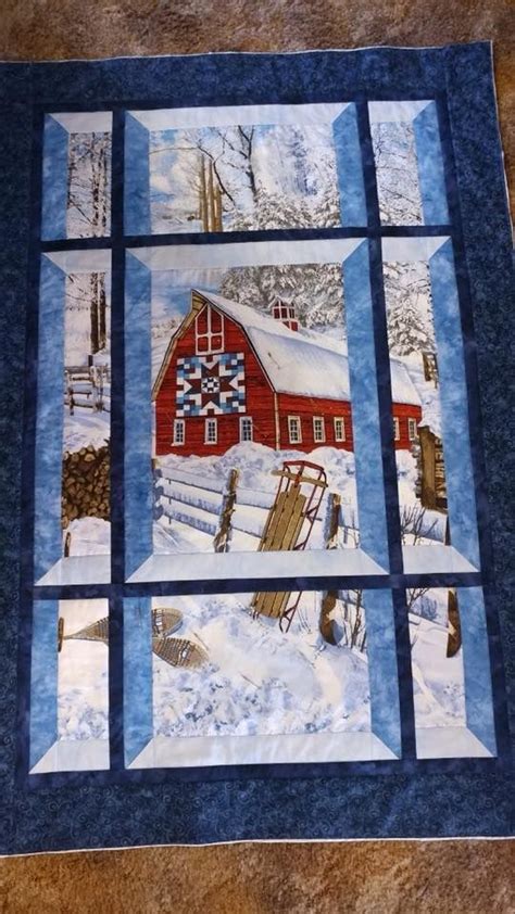 A Snow Covered Barn In An Attic Window Setting Panel Quilt Patterns Fabric Panel Quilts