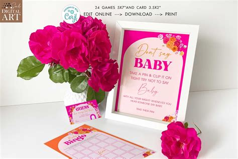Hot Pink Orange Baby Shower Games Bundle Printable Boho Fuchsia Floral Bridal Shower Games Set