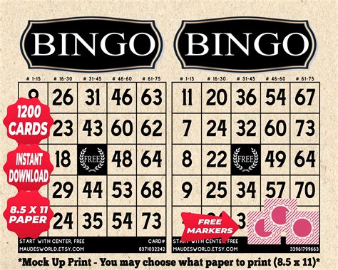 Bingo Cards Black Color Vintage Theme Pdf Instant Printable Fun