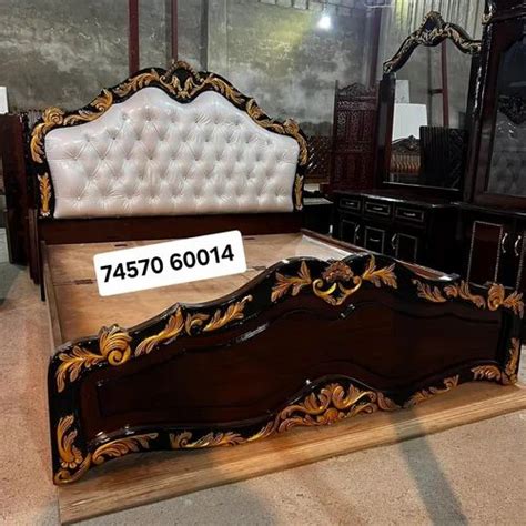 Teak Wood King Size Wooden Carved Maharaja Double Bed With Storage At