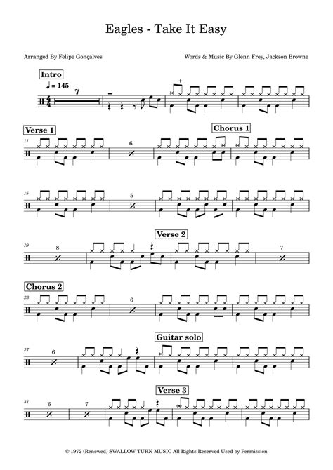 Take It Easy Arr Felipe Gonçalves Sheet Music Eagles Drums