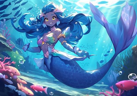 Premium AI Image | Anime mermaid with blue hair and a pink tail ...