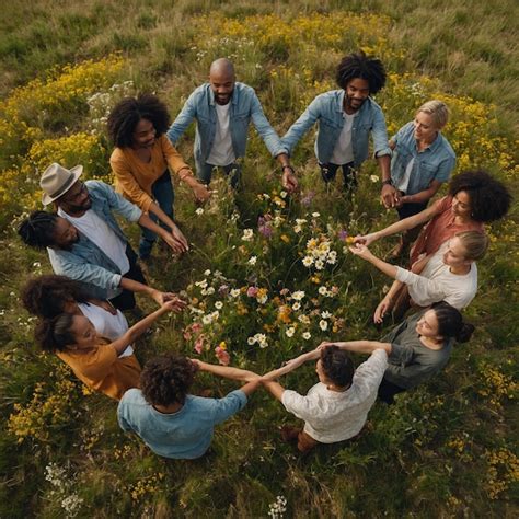 Un Grupo De Personas De Pie Alrededor De Un C Rculo De Flores Imagen