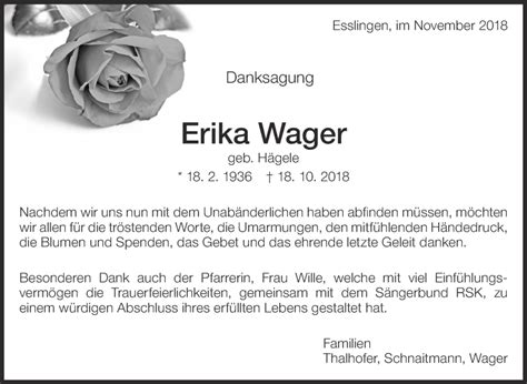 Traueranzeigen Von Erika Wager Zeit Des Gedenkens De