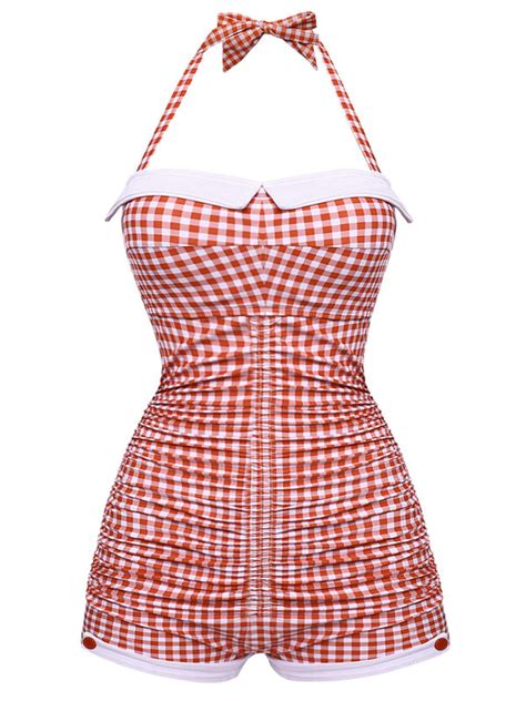 Gingham 1950s Halter Bowknot One Piece Swimsuit Retro Stage