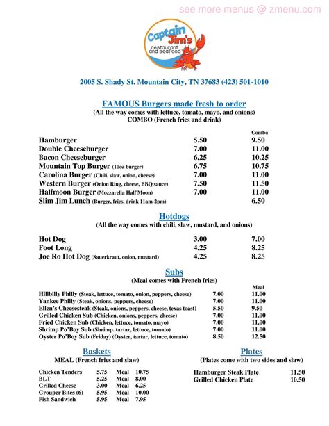 Menu at Captain Jim's Restaurant And Seafood, Mountain City