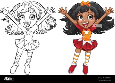 Colorful and black-and-white illustrations of a happy girl Stock Vector ...