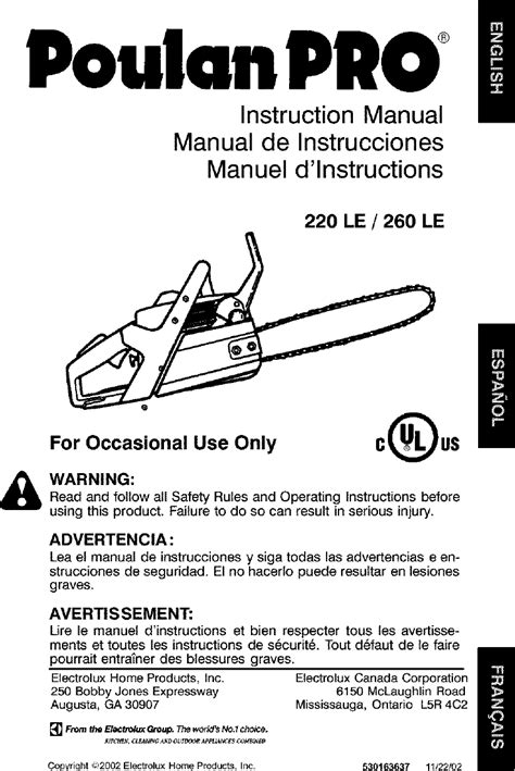 Poulan 260 Le Type 1 User Manual Chain Saw Manuals And Guides L0403149